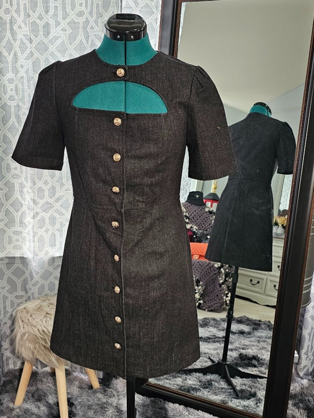 Pixie Market “Giovanna” Gold Button Cutout Denim Mini Dress – Size M